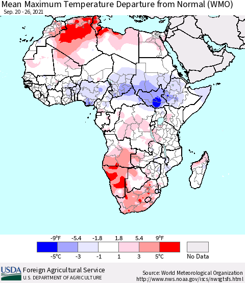 Africa Mean Maximum Temperature Departure from Normal (WMO) Thematic Map For 9/20/2021 - 9/26/2021