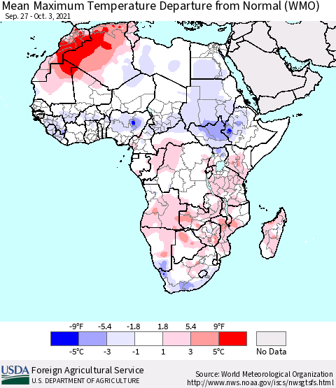 Africa Mean Maximum Temperature Departure from Normal (WMO) Thematic Map For 9/27/2021 - 10/3/2021