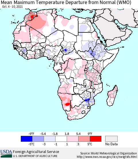 Africa Mean Maximum Temperature Departure from Normal (WMO) Thematic Map For 10/4/2021 - 10/10/2021