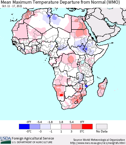 Africa Maximum Temperature Departure From Normal (WMO) Thematic Map For 10/11/2021 - 10/17/2021