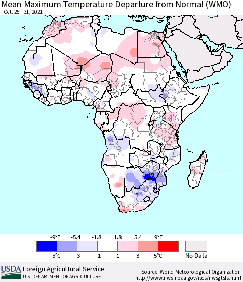 Africa Mean Maximum Temperature Departure from Normal (WMO) Thematic Map For 10/25/2021 - 10/31/2021