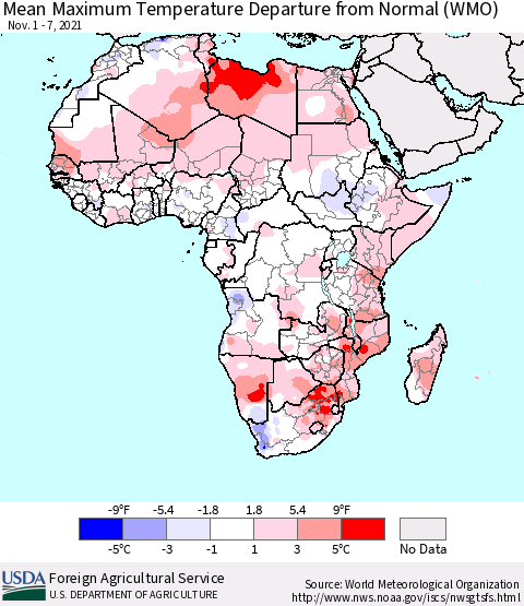 Africa Mean Maximum Temperature Departure from Normal (WMO) Thematic Map For 11/1/2021 - 11/7/2021