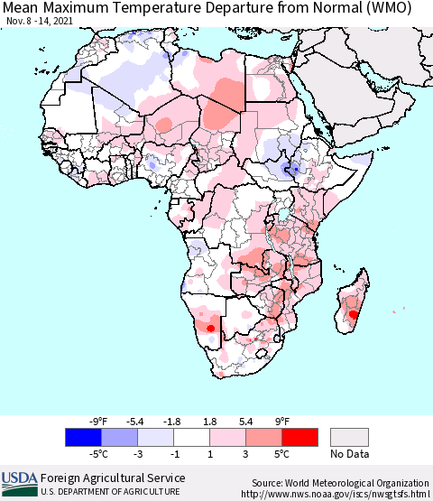 Africa Maximum Temperature Departure From Normal (WMO) Thematic Map For 11/8/2021 - 11/14/2021