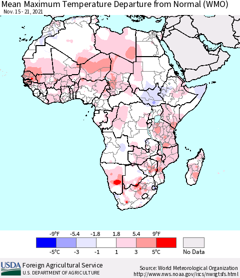 Africa Mean Maximum Temperature Departure from Normal (WMO) Thematic Map For 11/15/2021 - 11/21/2021