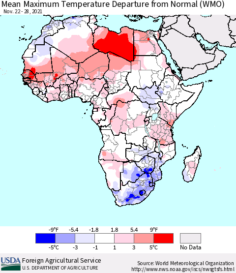 Africa Maximum Temperature Departure From Normal (WMO) Thematic Map For 11/22/2021 - 11/28/2021
