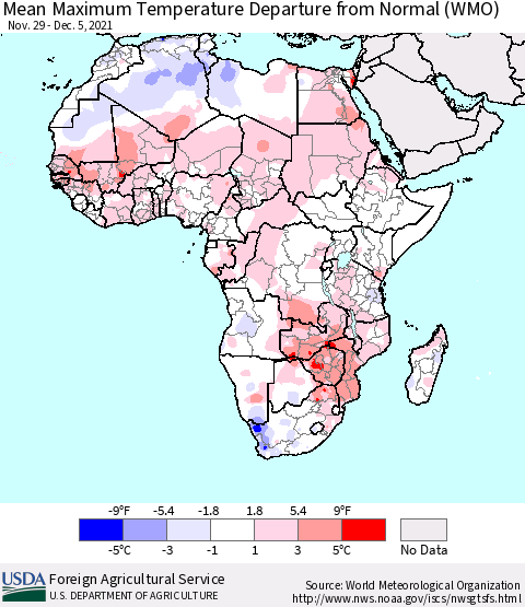 Africa Maximum Temperature Departure From Normal (WMO) Thematic Map For 11/29/2021 - 12/5/2021