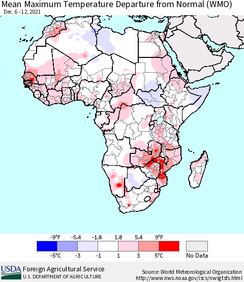 Africa Mean Maximum Temperature Departure from Normal (WMO) Thematic Map For 12/6/2021 - 12/12/2021
