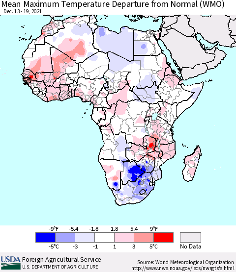 Africa Maximum Temperature Departure From Normal (WMO) Thematic Map For 12/13/2021 - 12/19/2021