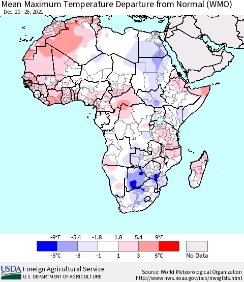 Africa Maximum Temperature Departure From Normal (WMO) Thematic Map For 12/20/2021 - 12/26/2021