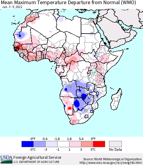 Africa Maximum Temperature Departure From Normal (WMO) Thematic Map For 1/3/2022 - 1/9/2022