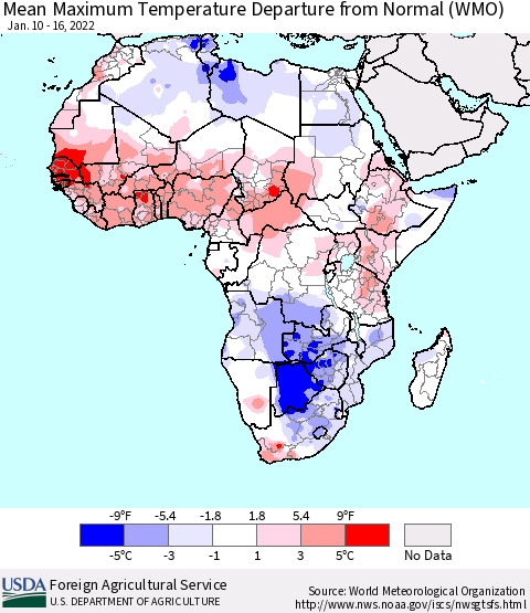 Africa Mean Maximum Temperature Departure from Normal (WMO) Thematic Map For 1/10/2022 - 1/16/2022