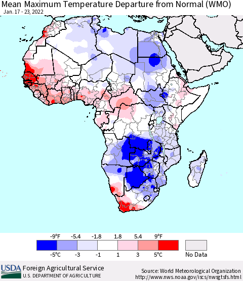 Africa Maximum Temperature Departure From Normal (WMO) Thematic Map For 1/17/2022 - 1/23/2022
