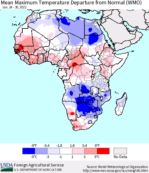 Africa Mean Maximum Temperature Departure from Normal (WMO) Thematic Map For 1/24/2022 - 1/30/2022