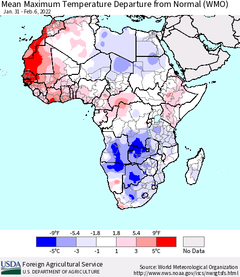 Africa Mean Maximum Temperature Departure from Normal (WMO) Thematic Map For 1/31/2022 - 2/6/2022