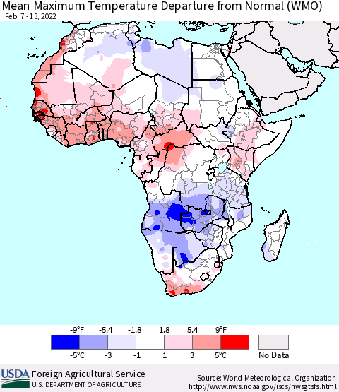 Africa Maximum Temperature Departure From Normal (WMO) Thematic Map For 2/7/2022 - 2/13/2022