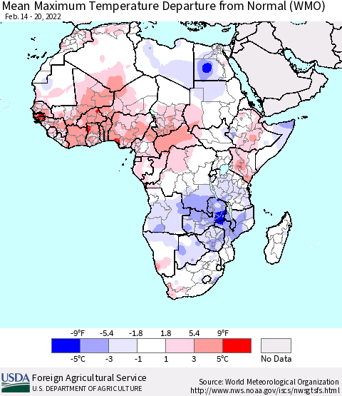 Africa Mean Maximum Temperature Departure from Normal (WMO) Thematic Map For 2/14/2022 - 2/20/2022