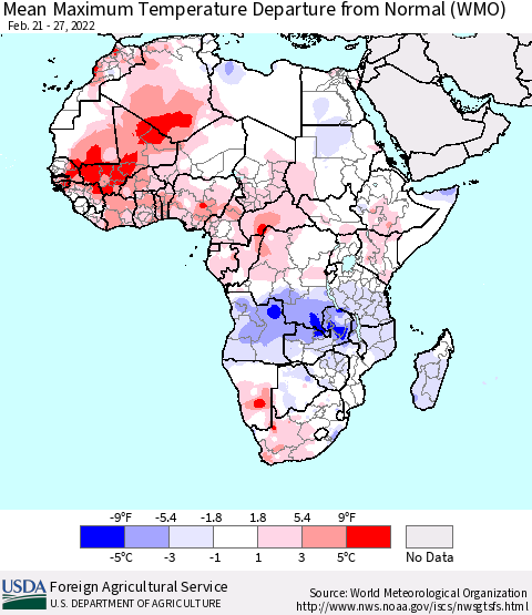 Africa Maximum Temperature Departure From Normal (WMO) Thematic Map For 2/21/2022 - 2/27/2022