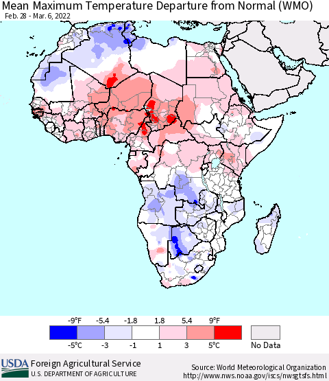 Africa Mean Maximum Temperature Departure from Normal (WMO) Thematic Map For 2/28/2022 - 3/6/2022