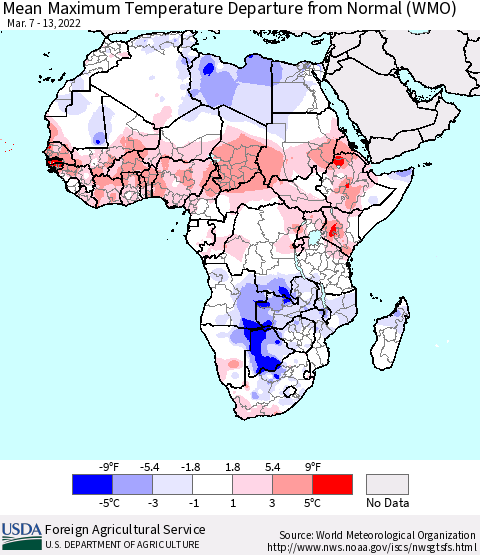Africa Maximum Temperature Departure From Normal (WMO) Thematic Map For 3/7/2022 - 3/13/2022