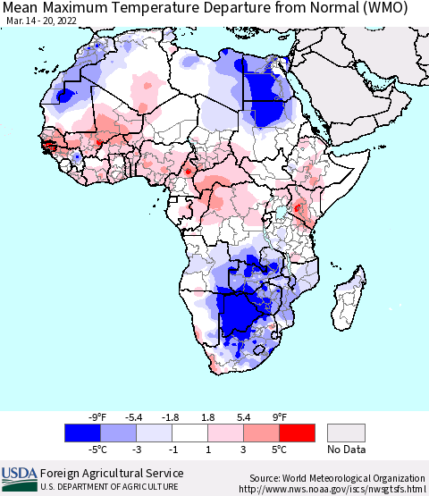 Africa Mean Maximum Temperature Departure from Normal (WMO) Thematic Map For 3/14/2022 - 3/20/2022