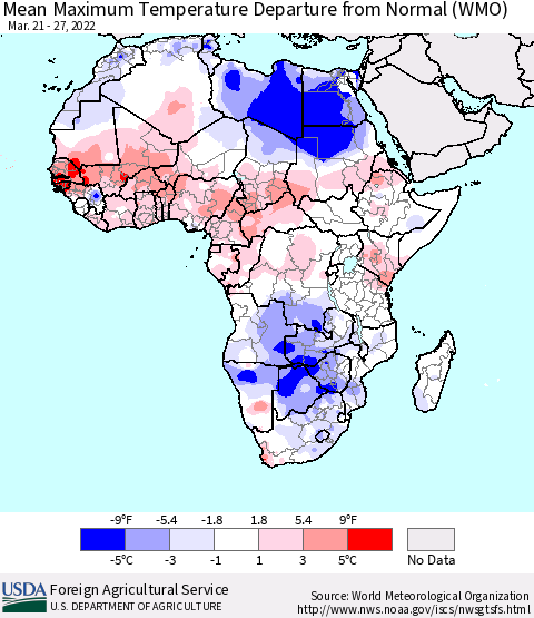 Africa Mean Maximum Temperature Departure from Normal (WMO) Thematic Map For 3/21/2022 - 3/27/2022