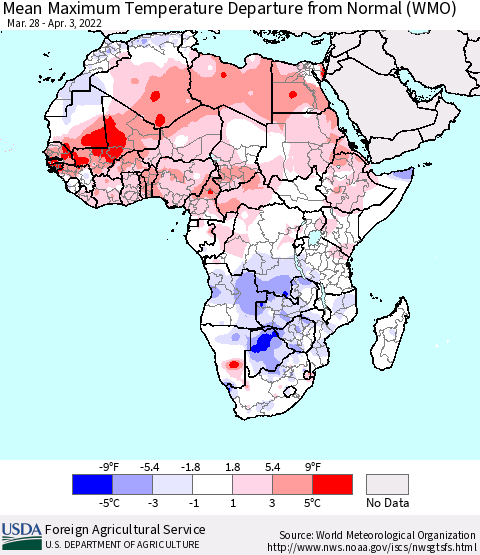Africa Mean Maximum Temperature Departure from Normal (WMO) Thematic Map For 3/28/2022 - 4/3/2022