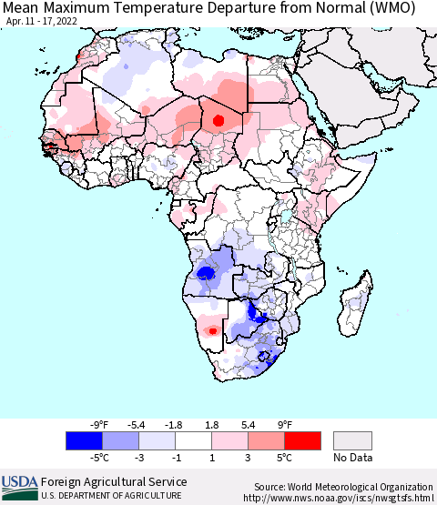 Africa Mean Maximum Temperature Departure from Normal (WMO) Thematic Map For 4/11/2022 - 4/17/2022