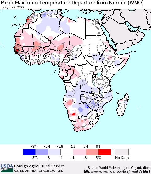 Africa Mean Maximum Temperature Departure from Normal (WMO) Thematic Map For 5/2/2022 - 5/8/2022