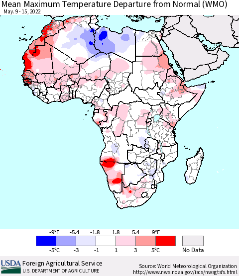 Africa Mean Maximum Temperature Departure from Normal (WMO) Thematic Map For 5/9/2022 - 5/15/2022