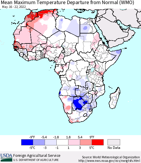 Africa Mean Maximum Temperature Departure from Normal (WMO) Thematic Map For 5/16/2022 - 5/22/2022