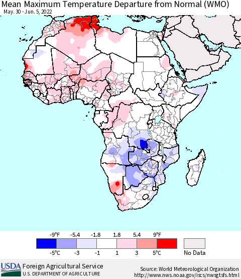 Africa Mean Maximum Temperature Departure from Normal (WMO) Thematic Map For 5/30/2022 - 6/5/2022