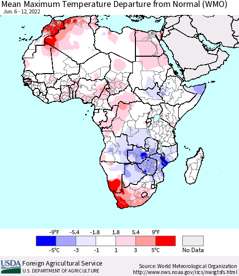 Africa Mean Maximum Temperature Departure from Normal (WMO) Thematic Map For 6/6/2022 - 6/12/2022
