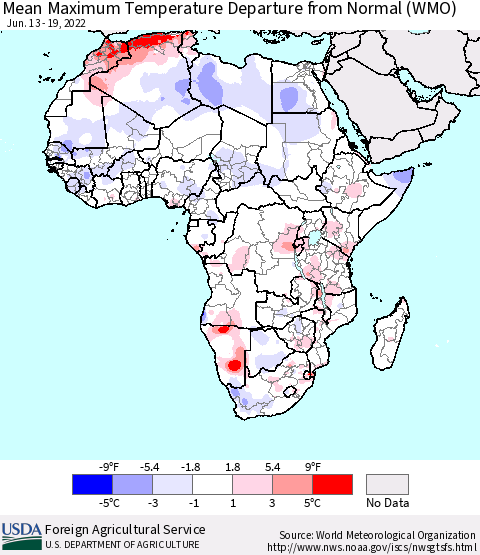 Africa Mean Maximum Temperature Departure from Normal (WMO) Thematic Map For 6/13/2022 - 6/19/2022