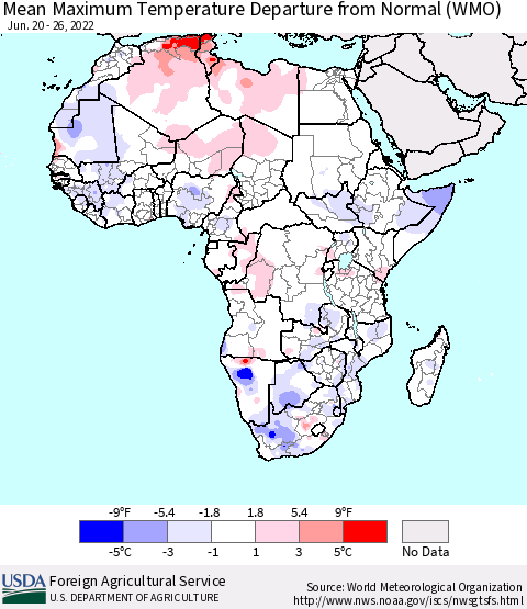 Africa Mean Maximum Temperature Departure from Normal (WMO) Thematic Map For 6/20/2022 - 6/26/2022
