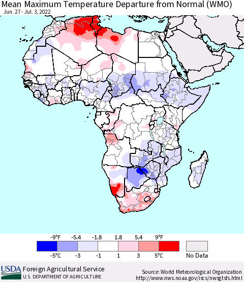 Africa Mean Maximum Temperature Departure from Normal (WMO) Thematic Map For 6/27/2022 - 7/3/2022