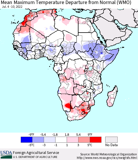 Africa Mean Maximum Temperature Departure from Normal (WMO) Thematic Map For 7/4/2022 - 7/10/2022