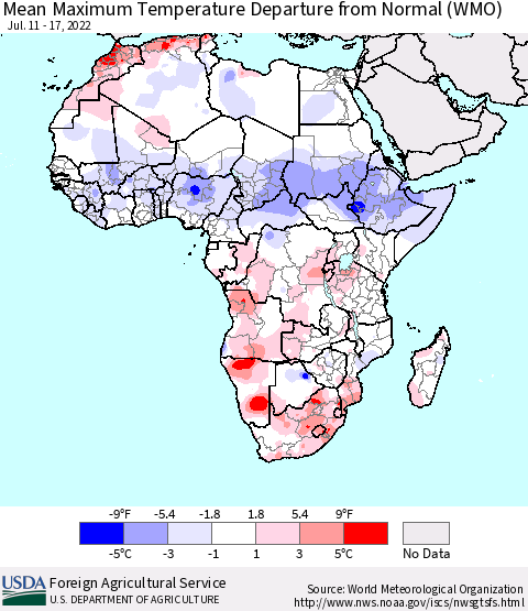 Africa Mean Maximum Temperature Departure from Normal (WMO) Thematic Map For 7/11/2022 - 7/17/2022