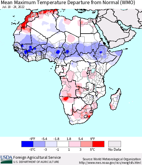 Africa Mean Maximum Temperature Departure from Normal (WMO) Thematic Map For 7/18/2022 - 7/24/2022