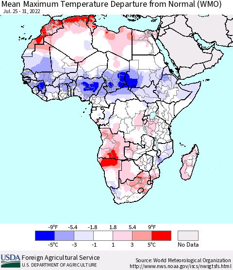 Africa Mean Maximum Temperature Departure from Normal (WMO) Thematic Map For 7/25/2022 - 7/31/2022