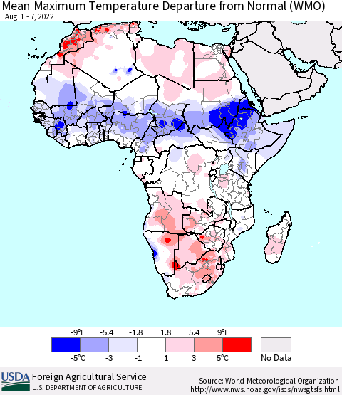 Africa Mean Maximum Temperature Departure from Normal (WMO) Thematic Map For 8/1/2022 - 8/7/2022