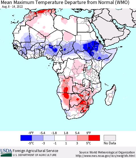 Africa Mean Maximum Temperature Departure from Normal (WMO) Thematic Map For 8/8/2022 - 8/14/2022