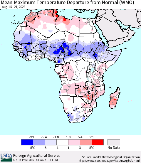 Africa Mean Maximum Temperature Departure from Normal (WMO) Thematic Map For 8/15/2022 - 8/21/2022