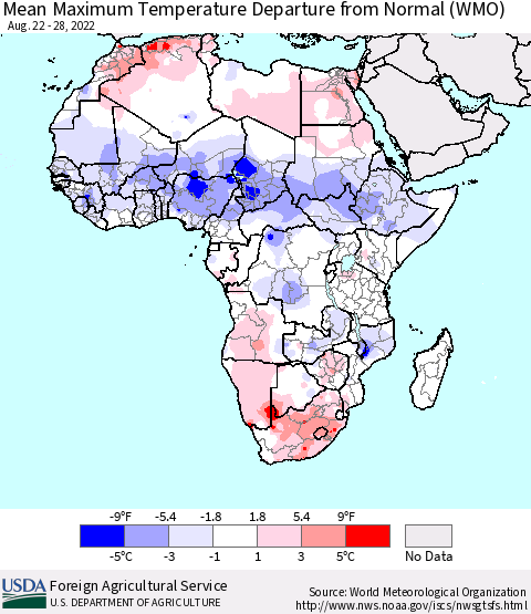 Africa Mean Maximum Temperature Departure from Normal (WMO) Thematic Map For 8/22/2022 - 8/28/2022