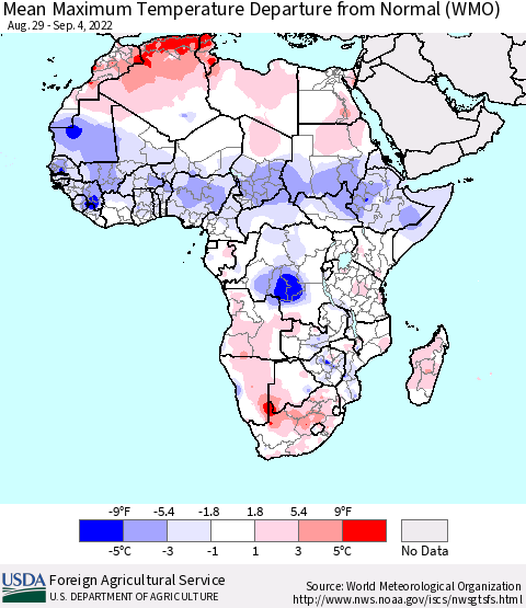 Africa Mean Maximum Temperature Departure from Normal (WMO) Thematic Map For 8/29/2022 - 9/4/2022