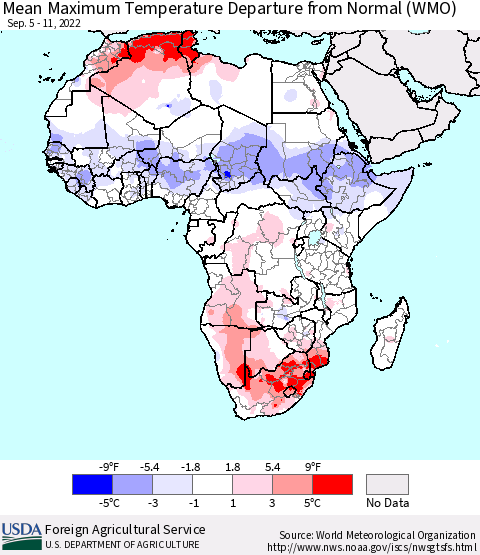 Africa Mean Maximum Temperature Departure from Normal (WMO) Thematic Map For 9/5/2022 - 9/11/2022