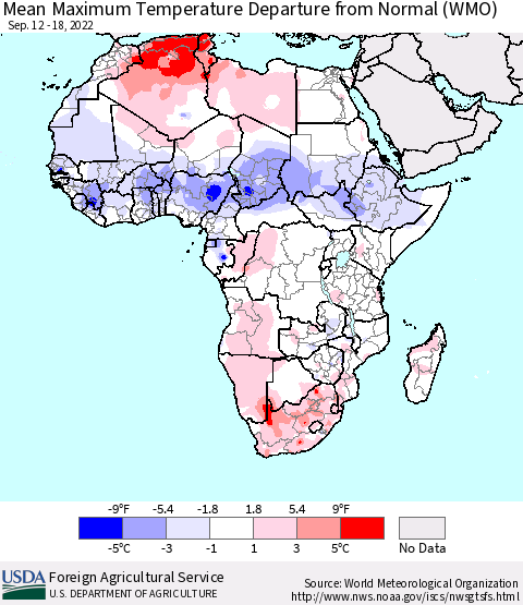 Africa Mean Maximum Temperature Departure from Normal (WMO) Thematic Map For 9/12/2022 - 9/18/2022