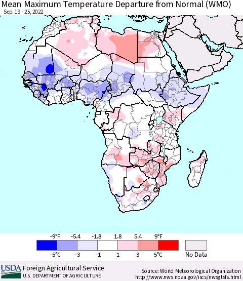 Africa Mean Maximum Temperature Departure from Normal (WMO) Thematic Map For 9/19/2022 - 9/25/2022