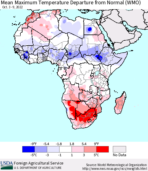 Africa Mean Maximum Temperature Departure from Normal (WMO) Thematic Map For 10/3/2022 - 10/9/2022