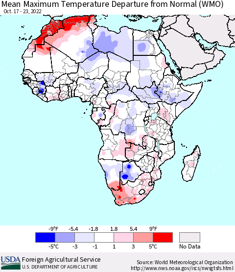 Africa Mean Maximum Temperature Departure from Normal (WMO) Thematic Map For 10/17/2022 - 10/23/2022