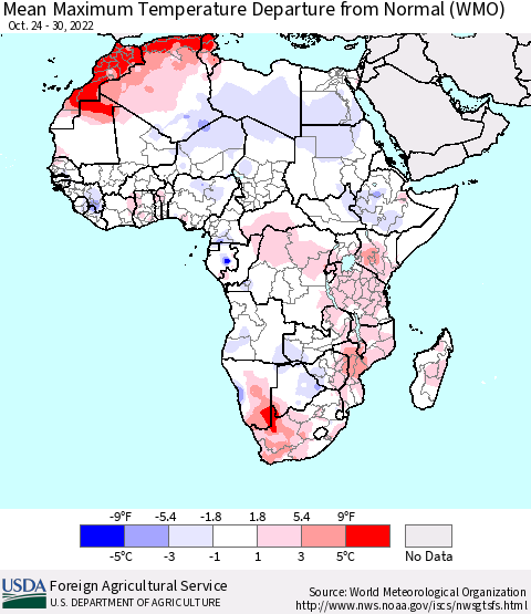 Africa Mean Maximum Temperature Departure from Normal (WMO) Thematic Map For 10/24/2022 - 10/30/2022